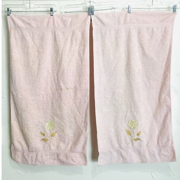 Cannon Bath Body Hand Towel Set Vintage Pink Floral Appliqué Gold Rose USA Flowe - Picture 5 of 16